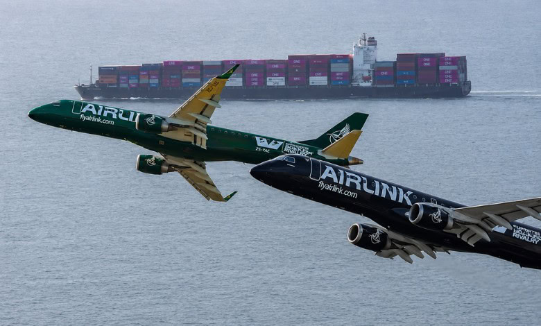 The green and black airlink Embraer jets flying over the DHL Stadium. >Photo: Facebook/Airlink