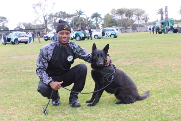 Fidelity Service Group K9 handler, Mcebo Mkhonto, and Shadow.