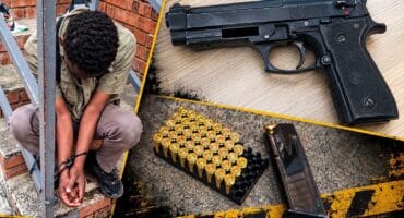 The alleged gunman, and the recovered weapon and ammunition. > Photo: Supplied/ACS Spartan Security
