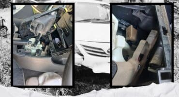 Main photo: The getaway vehicle after it crashed following a high-speed chase. Inserts: Firearms found inside the vehicle. Photos: Supplied/SAPS