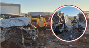 Main photo: First responders on the scene. Insert: The vehicles involved in a head-on collision on the N4 near Malalane.