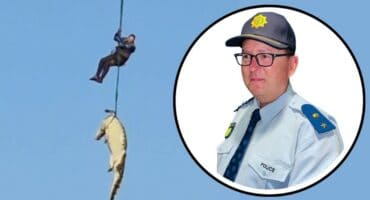 Main photo: Lieutenant Colonel Pottie Potgieter airlifts a crocodile during a daring operation. Insert: Lieutenant Colonel Pottie Potgieter.