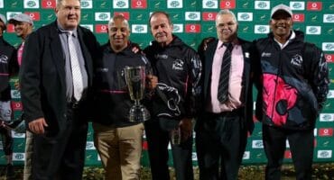 AG Visser, Marius van Rensburg, Jimmy Stonehouse, Riaan Kotze and Thamsanqa Samuel Sikiwe with the Pumas’ SA Cup trophy. > Photo: Sourced/Facebook