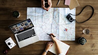 Travellers planning a trip on a map