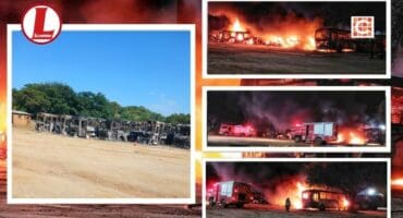 Flames ravage a Buscor depot. > Photo: SAPS & Phillip Minaar