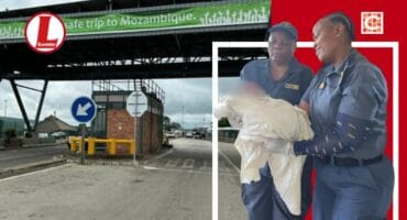 The Lebombo Border. Insert: Customs official Jabu Nkuna and Sergeant Tshidi Mokoena proudly hold the newborn. Photos: Supplied/SAPS