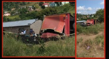 Main image: Bystanders inspect the scene of the accident, some hoping to loot beer. Insert: The brewery truck that nearly crashed into an RDP house. > Photos: Lindeni Sambo