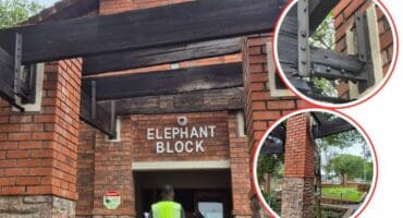 Deteriorating overhead beams at the main entrance of Hazyview Police Station. > Photo: Supplied
