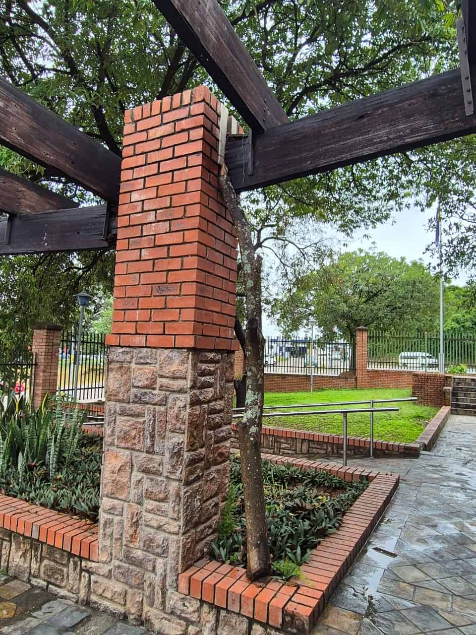 A branch supports the collapsing roof beams. 