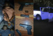 The detained suspects (left) were found in possession of firearms (centre) and a vehicle (right), which were seized. > Photo: Supplied/SAPS
