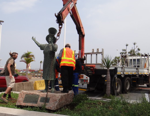 Lady in white statue on her 1/12 ton granite base at T Jetty getting ready for her move.