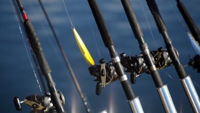 Fishing rods and lure at trolling boat. Scandinavia.