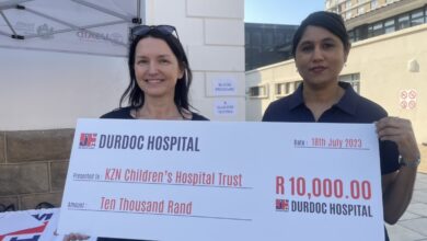 KwaZulu-Natal Children’s Hospital Trust CEO Tarryn Miller receives a donation from Durdoc Hospital Nursing Service Manager Farhana Alli. Photo: Nia Louw