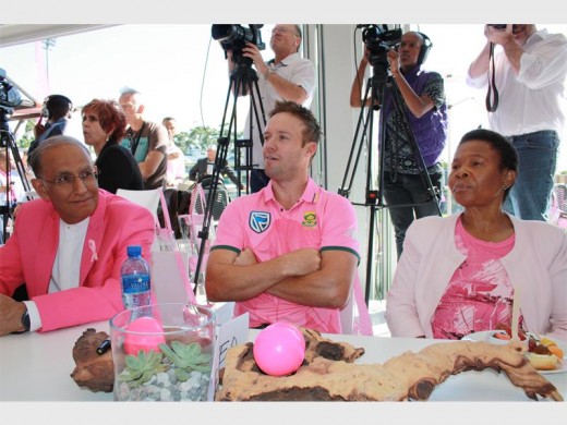 Haroon Lorgat, Cricket South Africa CEO; Proteas ODI captain AB de Villiers; and Susan Shabangu, Minister of Women in the Presidency, at the launch of the PinkDrive cancer fundraising initiative at the Bidvest Wanderers Stadium.
