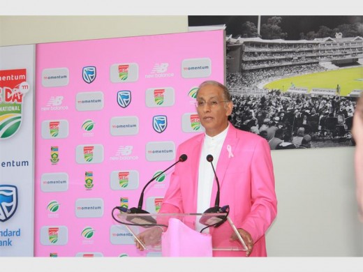 Cricket South Africa CEO Haroon Lorgat addresses the audience at the PinkDrive launch at the Bidvest Wanderers Stadium.