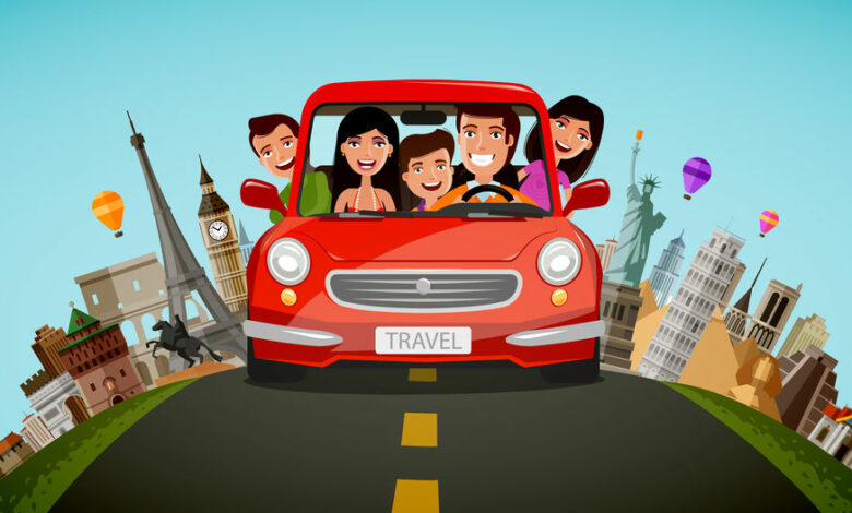Happy family rides in car on vacation. Journey, travel concept. Cartoon vector illustration