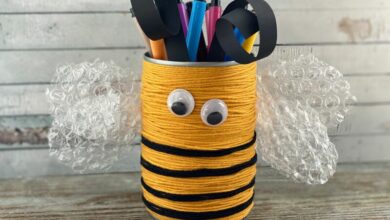 Help your child make a tin can honey bee pencil holder