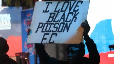 An avid fan of Black Poison says it all in a placard at the draw of the DStv eKasi Champ of Champs tournament. Photo: Sipho Siso