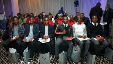 Leap Science and Maths School learners Leon Mthlatji, Boitshoko Mphahlele and Blessing Ramphele at the launch of What About the Boys? programme of Primestars. Photo: Sipho Siso