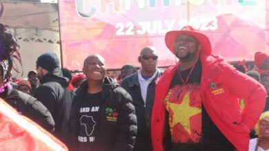 President of the EFF Julius Malema and Floyd Shivambu lead a troop of fighters on foot from Alexandra to Mushroom Farm Park in Sandton. Photo: Alulutho Siboma