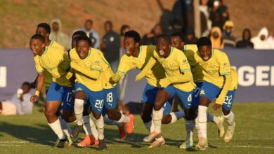 Mamelodi Sundowns boys celebrate the solitary goal that earned them the Engen Knockout Challenge 2023 champs. Photo: Sydney Mahlangu/BackpagePix
