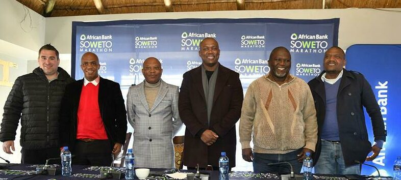 At the launch of the Soweto Marathon are race director Danny Blumberg, Central Gauteng Athletics president Steven Khanyile, Athletic South Africa president James Moloi, African Bank chief marketing officer Sbusiso Kumalo, City of Johannesburg MMC of Community Development Councillor Lubabalo Magwentshu, Soweto Marathon Trust's Thokozani Mazibuko at the launch the African Bank Soweto Marathon. Photo: Sydney Mahlangu/BackpagePix