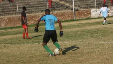 Top Dogz keeper Xolani Manka entertains the crowd with his showboating skills. Photo: Sipho Siso