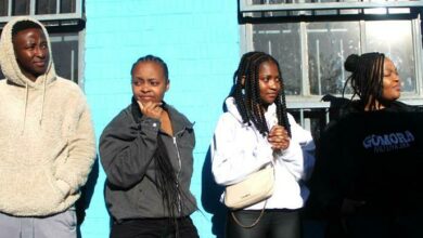 Gomora actors Sizwe Kubeka (Tumelo), Nandipha Khubone (Sibongile), Lerato Mokoka (Tshiamo) and Nondumiso Tshabalala (Zaza) share some words of encouragement with the learners at Realogile High School. Photo: Alulutho Siboma