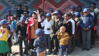 Some of the children stand in line to receive food parcels at Omosa Development Centre. Photo: Alulutho Siboma