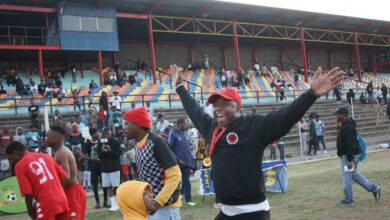 Member of the Top Dogz technical staff Thabiso Manyama celebrates the team's promotion to the Johannesburg Men's Regional League. Photo: Sipho Siso