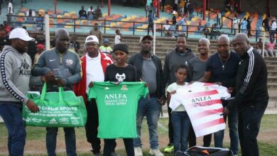 The two finalists of the coming Top 8 final of the Alex Northrand LFA Promotional League are awarded their kits. Photo: Sipho Siso