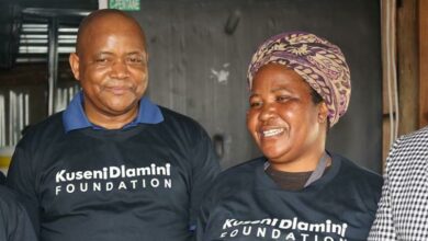 Businessman and founder of Kuseni Dlamini Foundation Kuseni Dlamini pledges to provide groceries for the Swaragano NPO for the next five months. With him is Sanny Mashego, founder of Swaragano in Alex.