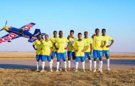 Mamelodi Sundowns players are ready to take off on the Red Bull 'gives you wings' aircraft.