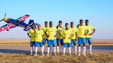 Mamelodi Sundowns players are ready to take off on the Red Bull 'gives you wings' aircraft.
