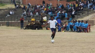 A Sandown High School forward paces off with the ball toward the opposition's goals at the SCZ Schools tourney. Photo: Sipho Siso