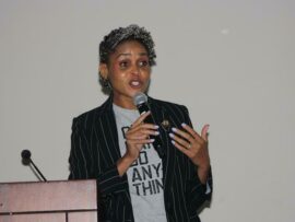 City of Johannesburg, Speaker Colleen Makhubela delivers the keynote address at the We Love Alexandra Community Makeover Project meeting. Photo: Sipho Siso
