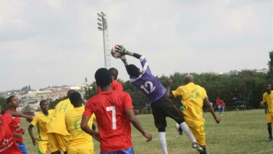 A lucky escape for Socca Dream as keeper Michael Mncube latches to the ball amid the confusion inside his box. Photo: Sipho Siso