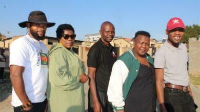 Actor Trevor Sithole, Tsohle agent Sanna Aphane, manager and a coach for Roosevelt Young Stars Robert Langa, actress Bongiwe Somtseu and Alex resident James Mhlanga at the launch of the farming project.
