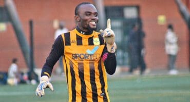 Raiders’ goalkeeper Gavin Mandlati jubilant after his team scored their fourth goal during the match against Mhlaba FC at the Alex Safe Hub on May 31, 2026. Photo: Itumeleng