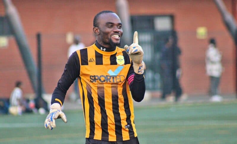 Raiders’ goalkeeper Gavin Mandlati jubilant after his team scored their fourth goal during the match against Mhlaba FC at the Alex Safe Hub on May 31, 2026. Photo: Itumeleng
