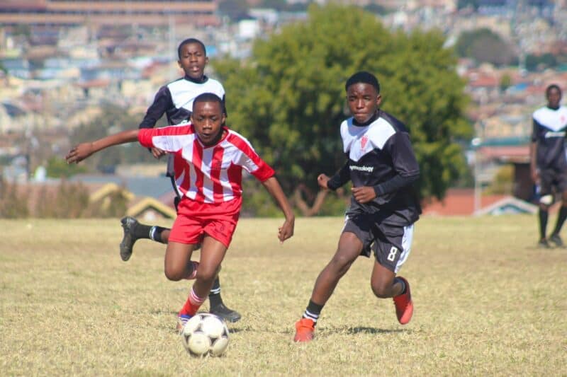 Phuthaditjhaba’s Pule Phafane and Black Poison’s Karabo Mabuza during their match at the Altrec Sports Complex in Alexandra on June 6, 2026. Photo: Itumeleng Maloka