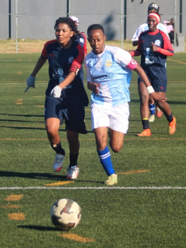 Mito Stars’ Deveny Rhoda and Blue Birds’ Tshiamo Sekgwatle race to take possession of the ball during clash at the Alex Safe Hub on August 15, 2026.