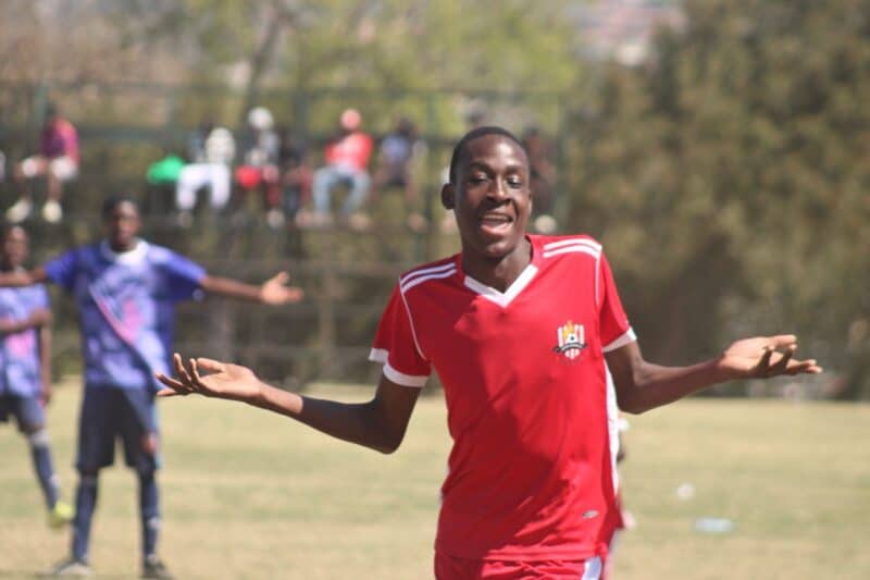 Ndalama Ntshane celebrates after scoring and putting the final nail on Blue Aces coffin during their clash at Altrec Sports Complex on August 29, 2026. Photo: Itumeleng Maloka
