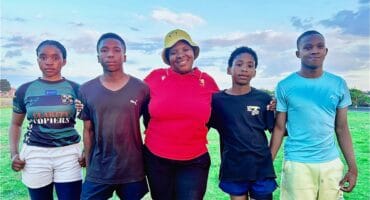 Young rugby players Ntombenhle Mpanza, Mangaliso Xiba, Coach Sarah Skhosana, Thandokuhle chophiso, and Siyabonga kubeka at Kwabhekilanga Sports Ground in Alexandra on October 15. Photo: Itumeleng Maloka