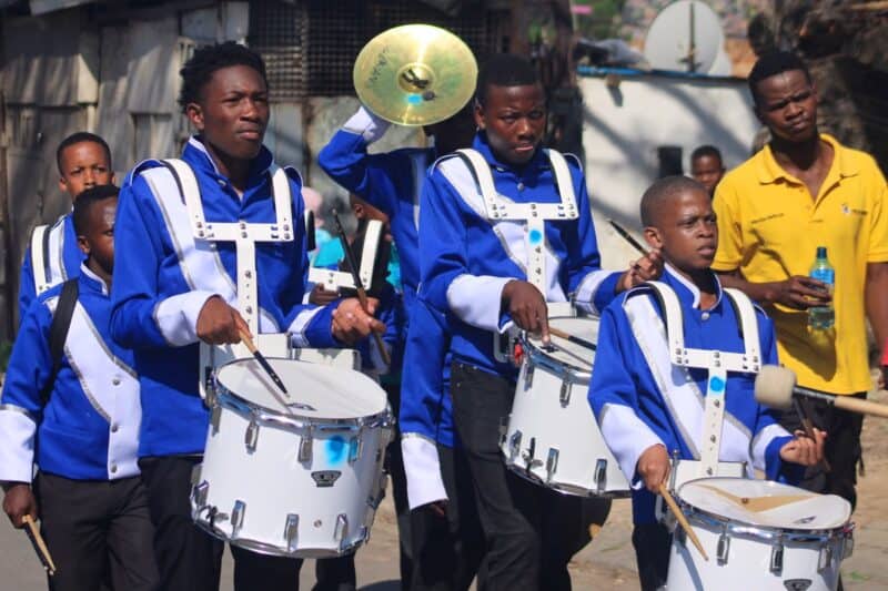 Alexandra Field Band members play drums. Photo: Itumeleng Maloka