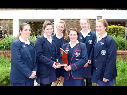 JESSICA Stapelberg, Chelsea Olivier, Kimberleigh Hill, Natasha Rothman, Caitlyn Rossenrode, Melissa Schoeman with their trophy from the KZN SANESA High School Group Competition.