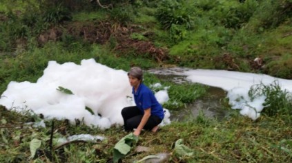 Ingrid D-Eathe from the Palmiet River Watch stands next to foam caused by a sewage spill into the Palmiet River on Monday. 