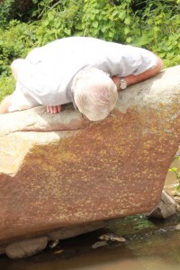 Ward councillor, Andre Mitchell, looks at two dead fish that were found under a boulder in the Umbilo River in Queensburgh.