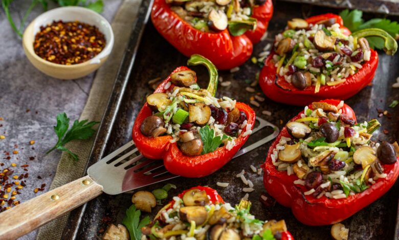 6 DECEMBER - Meatless Monday - Baby button stuffed red peppers with wild rice, parsley, dried cranberries and toasted pecans