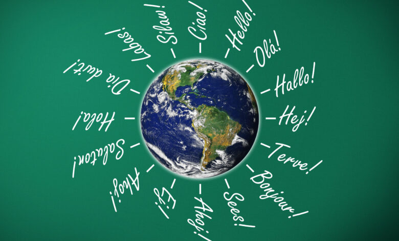 hello on chalk board written in many languages,earth image